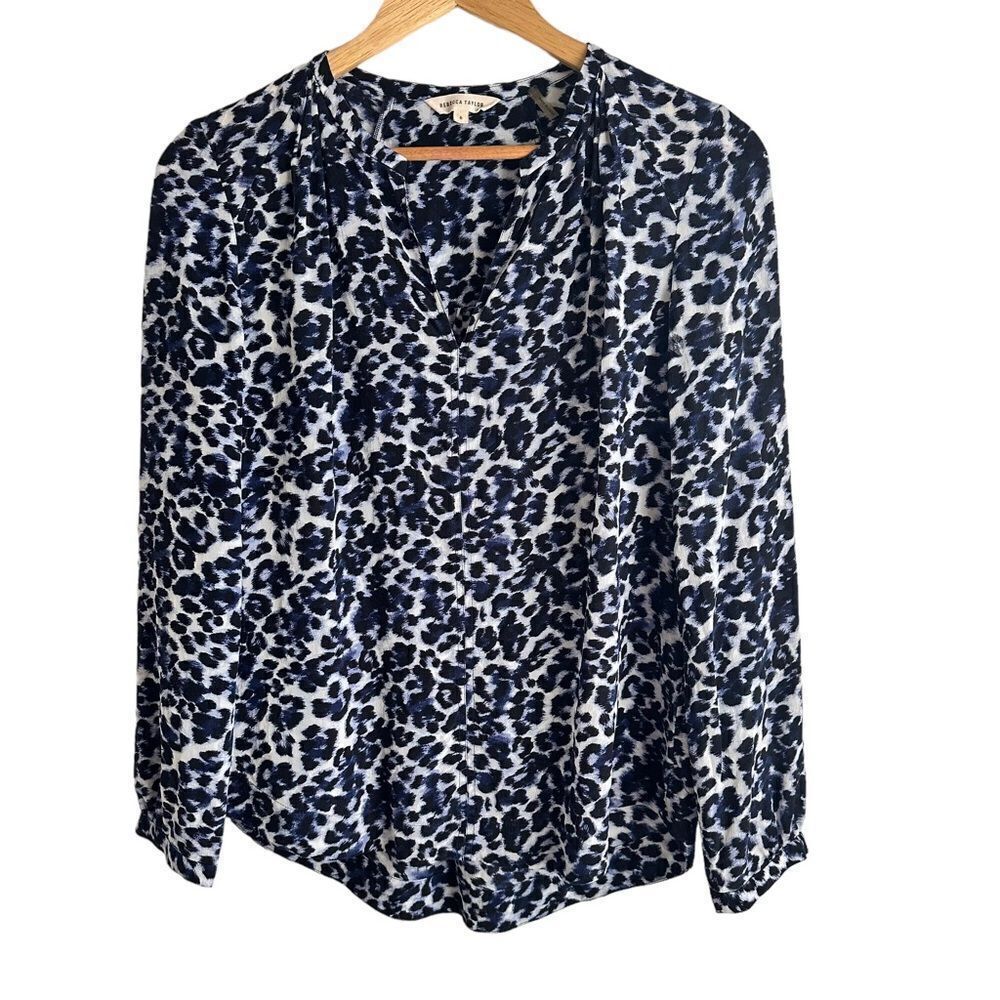 Rebecca Taylor Lynx Long Sleeve Blue and Black Animal Print Silk Blouse